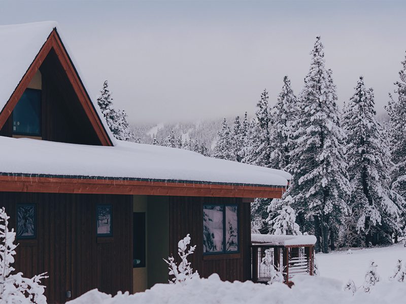 Træ hus med sneklædt tag